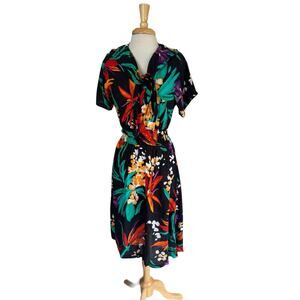 Vintage 70s Tropical Rayon Midi Dress Black Floral Size 7 Womens DRESSWORKS